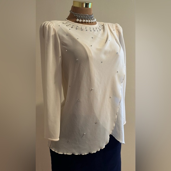 Ann Hobbs For Cattiva Cream Sheer Shoulder Pads Dimond Sequence & Pearls Sz M/L - Picture 2 of 16